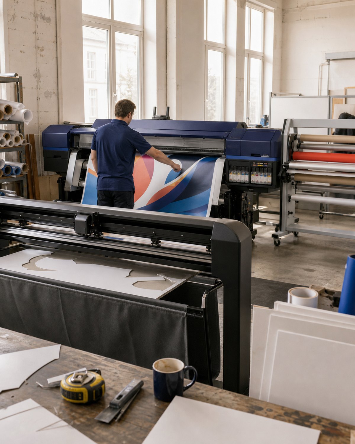 Operator bij een grootformaat rolprinter in een printatelier, met snijplotter, laminator en mediarollen