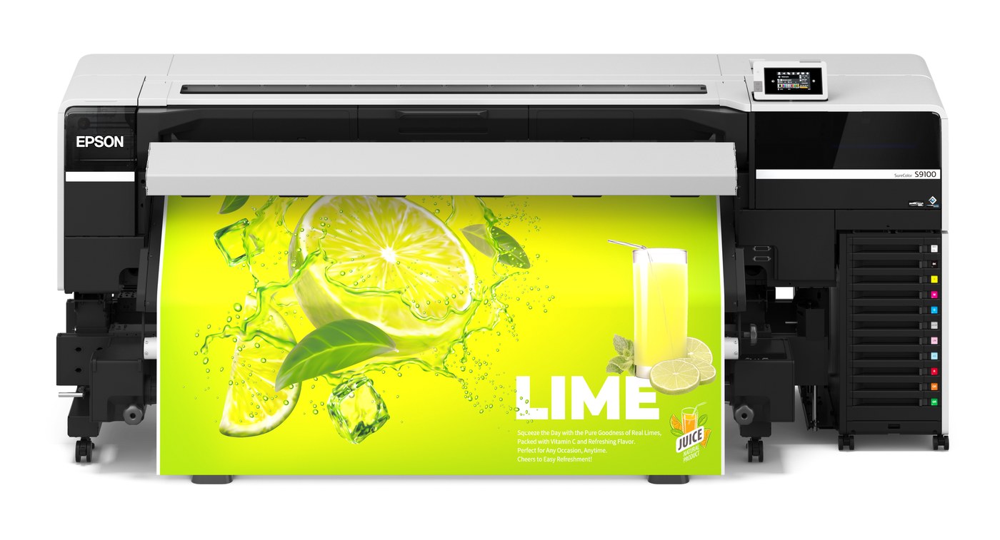 EPSON SureColor SC-S9100 eco-solventprinter, vooraanzicht met geladen media