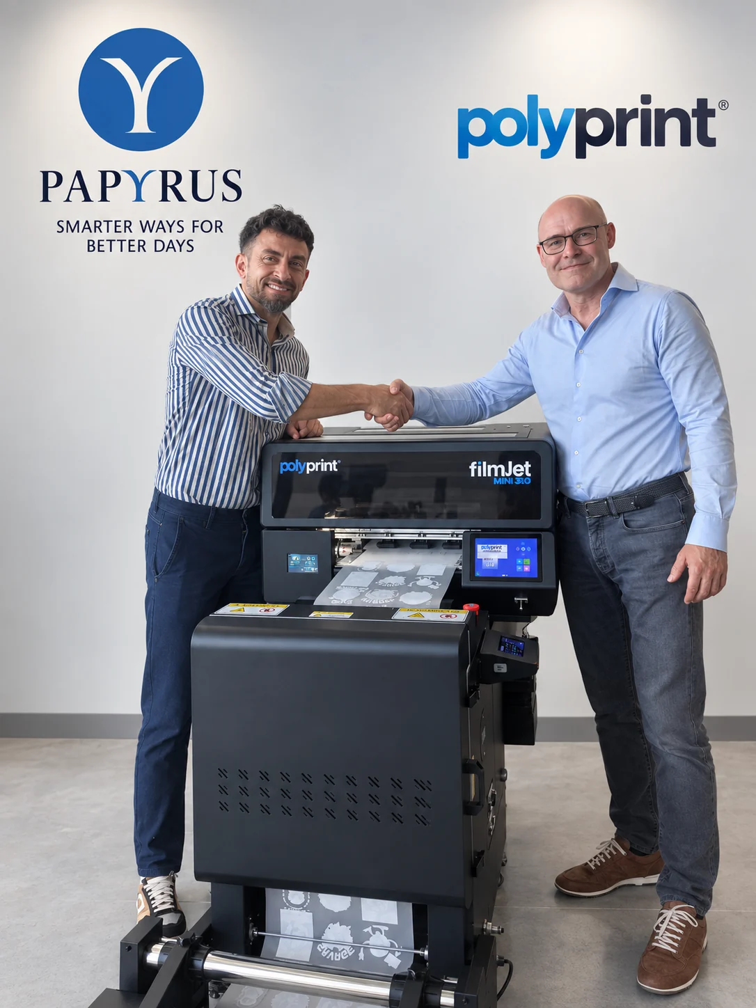 Kostis Gounaris van Polyprint en David Goris van Papyrus Viscom geven elkaar de hand naast een POLYPRINT FilmJet Mini 30