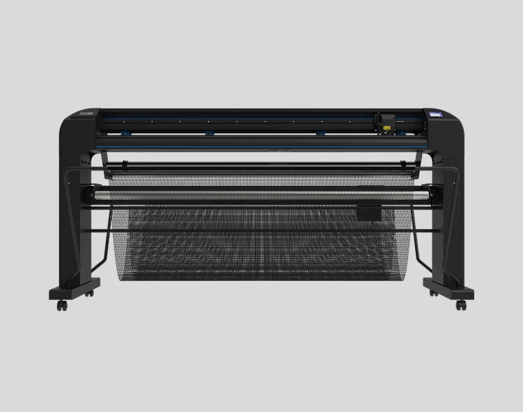 SUMMA S3TC160 vinyl snijplotter op onderstel met opvangbak, vooraanzicht