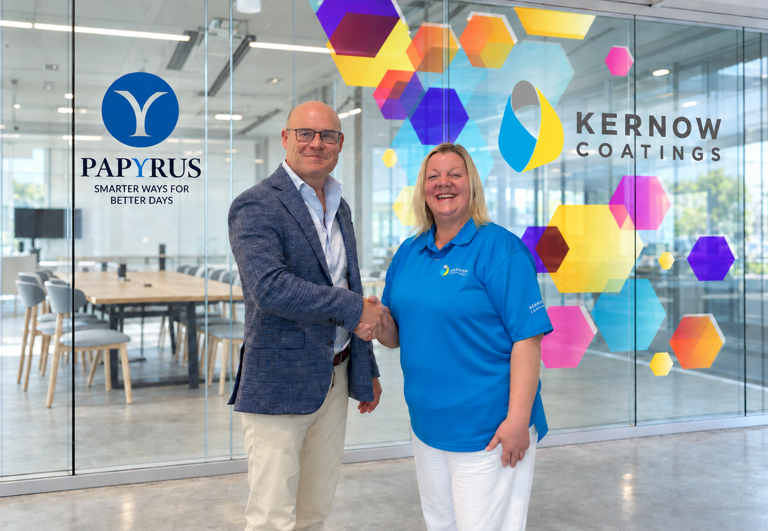 David Goris en Louise Hart bevestigen de samenwerking tussen Papyrus Viscom en Kernow Coatings